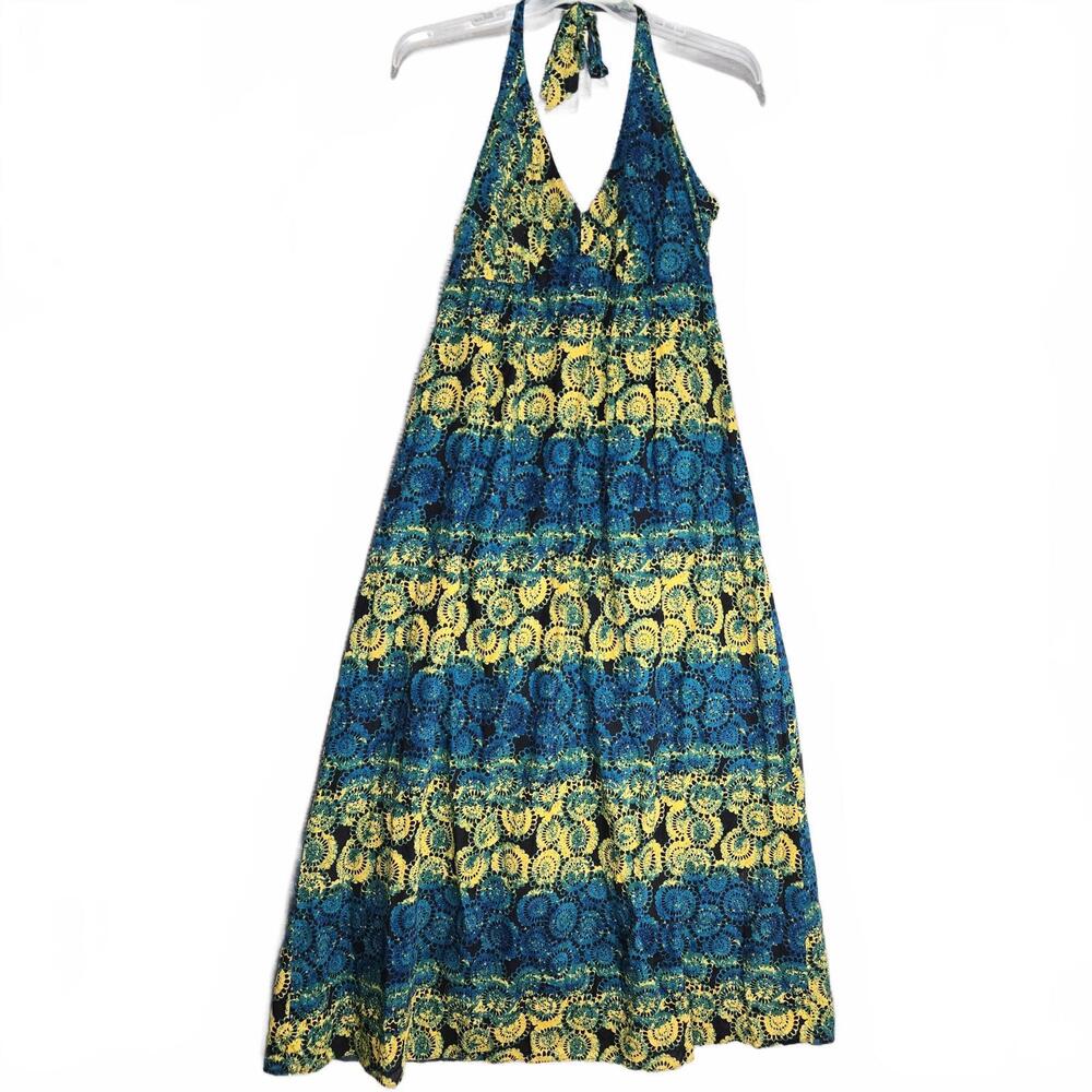 Old Navy Y2K Halter Maxi Dress XL Linen Blend Blue Yellow Boho Medallion Print